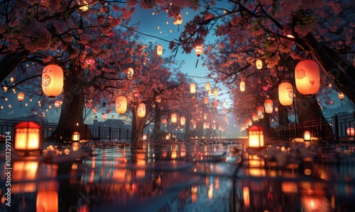 Lantern festival amidst cherry blossoms, 4K hyperrealistic photo photo