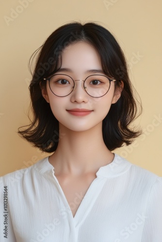 A smiling young woman with glasses against a soft yellow background.