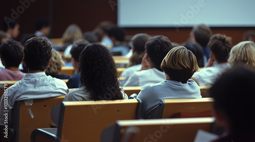 group of medical students attentively listening in classroom setting, showcasing diverse range of hairstyles and clothing styles. atmosphere is focused and studious
