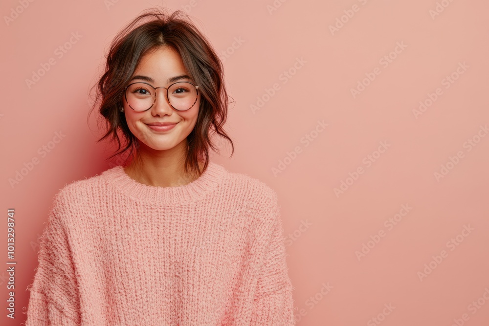 A smiling young woman with glasses wearing a cozy pink sweater against a pastel background. A smiling young woman with glasses wearing a cozy pink sweater against a pastel background.