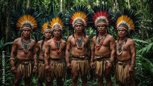 group of men with native american headdresses