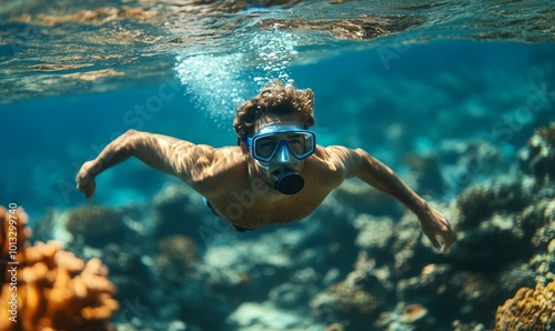 Man snorkeling underwater with coral reef background, Generative AI
