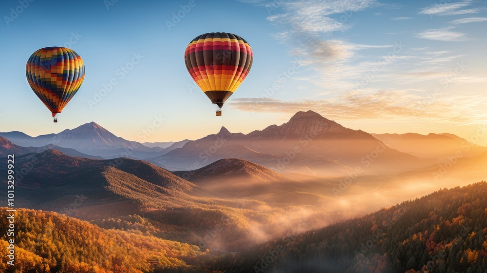 Two colorful hot air balloons gliding over misty mountains at sunrise, creating a serene scene Two colorful hot air balloons gliding over misty mountains at sunrise, creating a serene scene