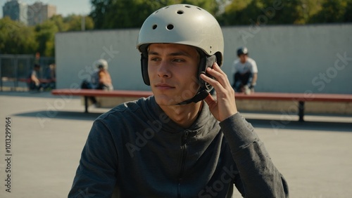 portrait of a young man in a helmet with a skateboard