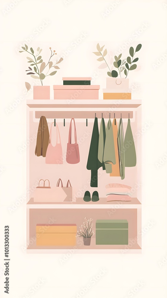 A pastel-colored illustration of an open wardrobe with , shoes, and accessories on shelves. A pastel-colored illustration of an open wardrobe with , shoes, and accessories on shelves.
