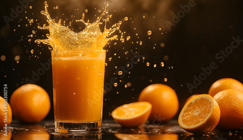 Close-up of an Orange Slice Dropped into a Glass of Orange Juice Creating a Splash design