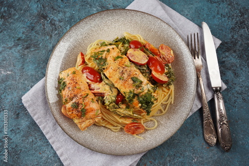 Salmon Fillet in creamy sauce with spaghetti, cream cheese and spinach and cherry tomatoes close-up on plate