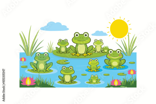 A vibrant vector illustration of playful frogs in a pond setting 