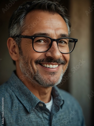 Smiling mature man with glasses.