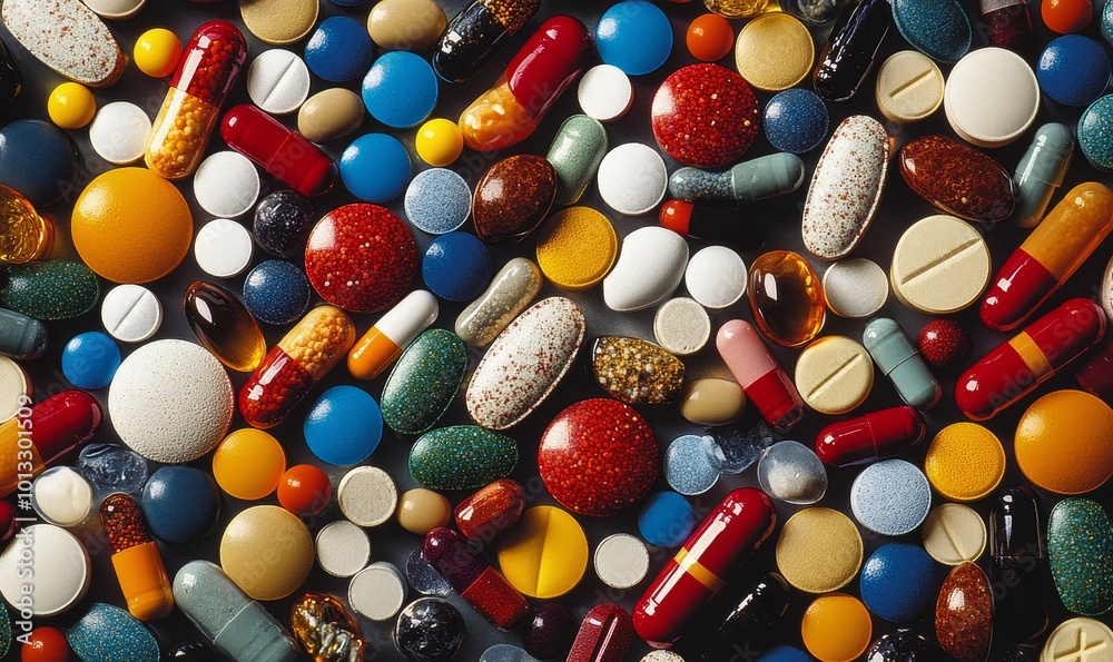 An array of multicolored pharmaceutical pills and capsules, including opioids, vitamins, and a variety of medicines, scattered across a surface, representing healthcare and medication, Generative AI An array of multicolored pharmaceutical pills and capsules, including opioids, vitamins, and a variety of medicines, scattered across a surface, representing healthcare and medication, Generative AI