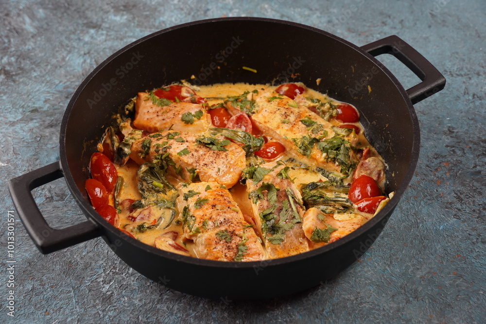 Tuscan creamy salmon with spinach and cherry tomatoes in creamy sauce Tuscan creamy salmon with spinach and cherry tomatoes in creamy sauce
