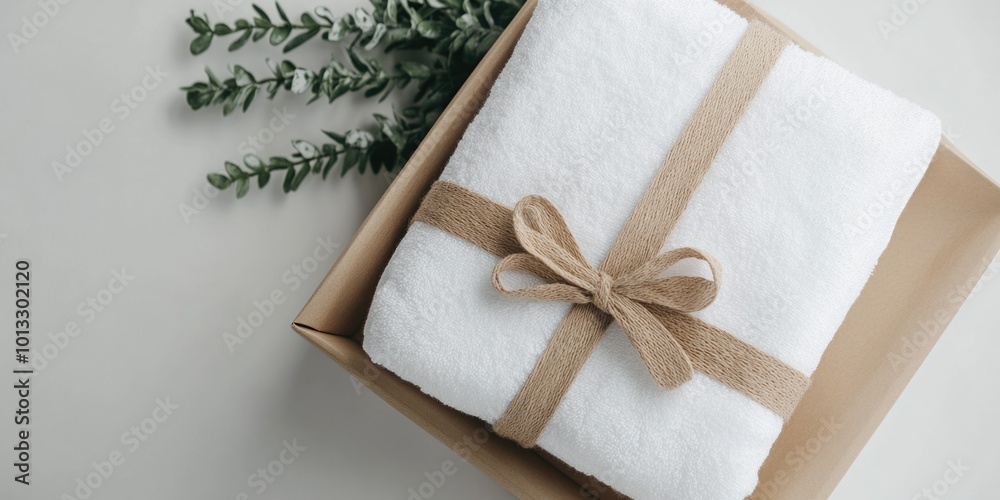 White towel with brown ribbon and plant White towel with brown ribbon and plant