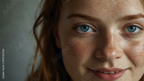 Smiling woman with freckles and blue eyes.