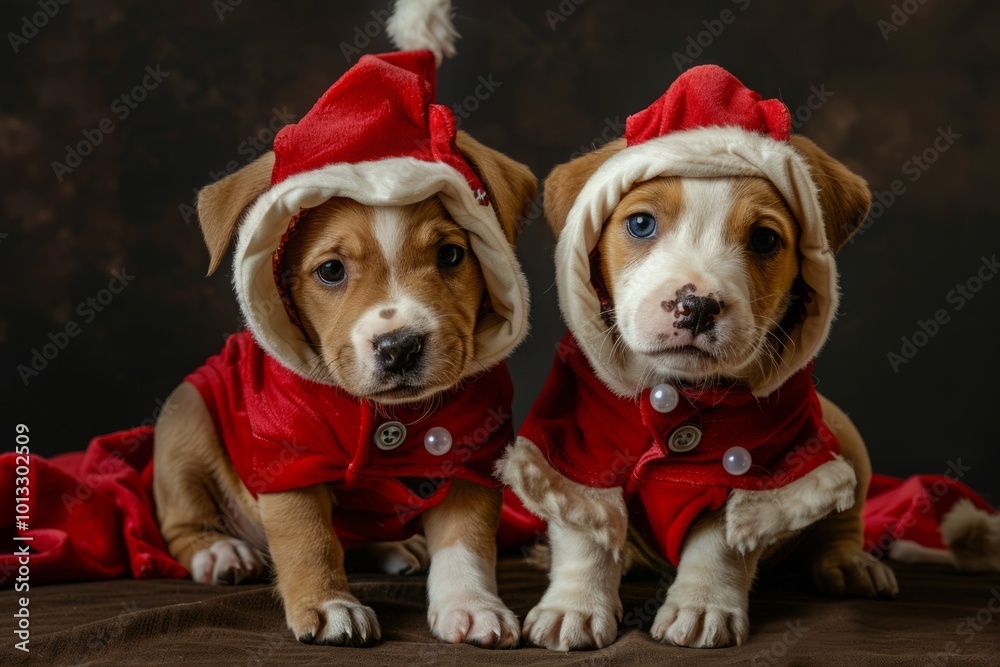 Two puppies wearing red Santa coats with hoods and buttons, sitting together against a dark background. Festive and cozy holiday theme. Christmas celebration and winter pet fashion concept. Generative