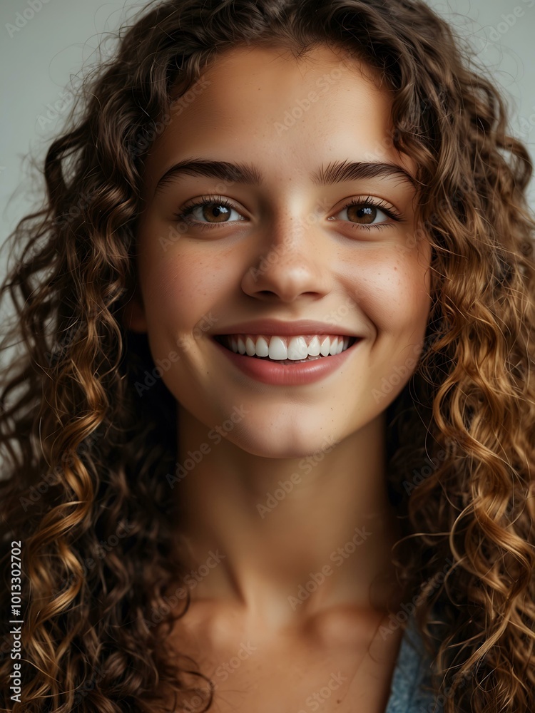 Smiling young woman with curly hair. Smiling young woman with curly hair.