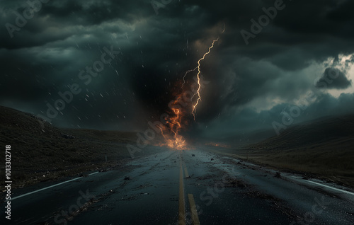 Tornado and lightning on th road, big stom in countryside photo