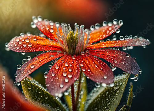 Flor naranja cubierta de gotas de agua en primer plano, destacando sus pétalos bajo luz suave. photo