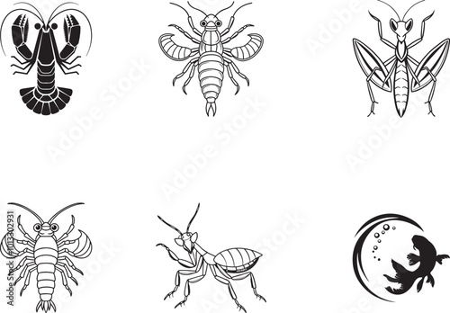 Avector silhoutte image group of a mantis icon with a white background