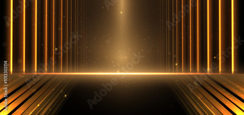 Abstract elegant gold glowing lines with lighting effect sparkle on black background.