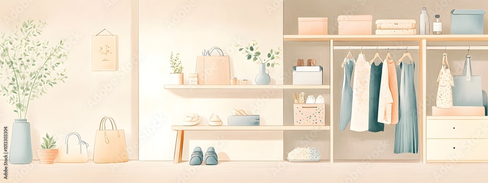 Fototapeta premium A pastel-colored illustration of an open wardrobe with , shoes, and accessories on shelves.
