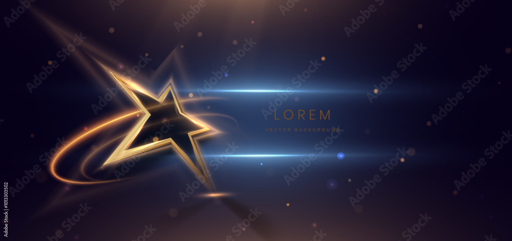 Star gold light on black background with lighting effect and sparkle.