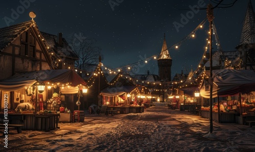 Festive medieval market illuminated by torchlight, 4K hyperrealistic photo