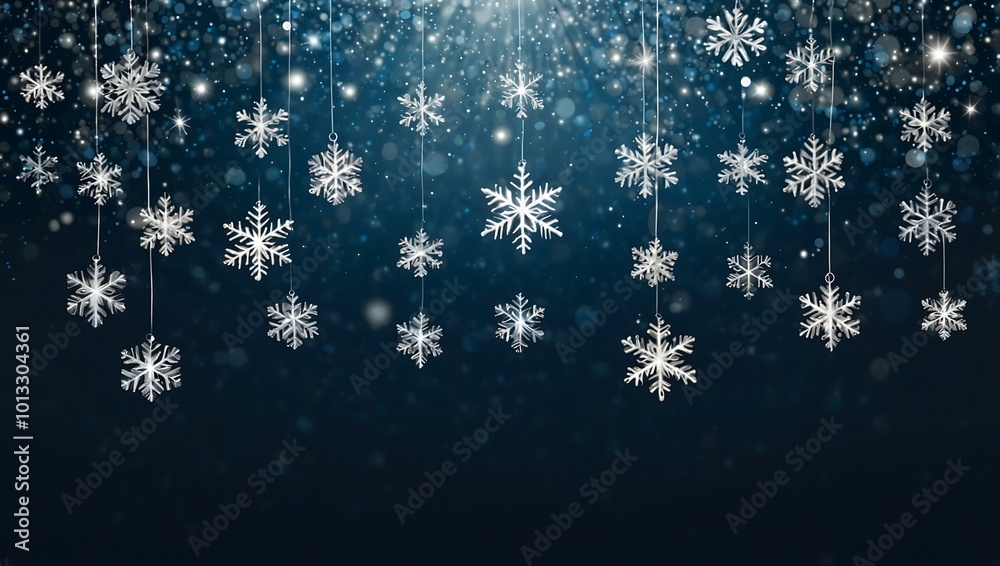 Snowflakes cascading on a blue background.
