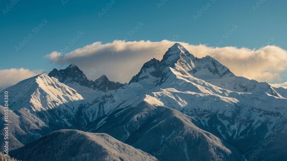 Fototapeta premium A mountain range landscape with snow on the peaks