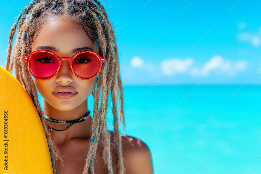 Woman standing with yellow surfboard at beach in the sunshine, beautiful model on ocean background. Woman standing with yellow surfboard at beach in the sunshine, beautiful model on ocean background.