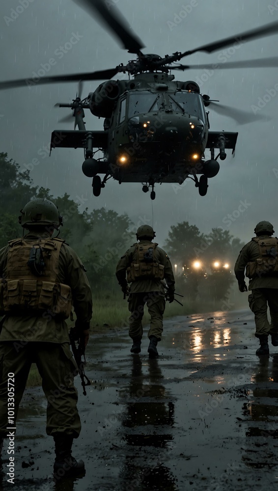 Soldiers approaching a helicopter in the rain during a night mission. Soldiers approaching a helicopter in the rain during a night mission.
