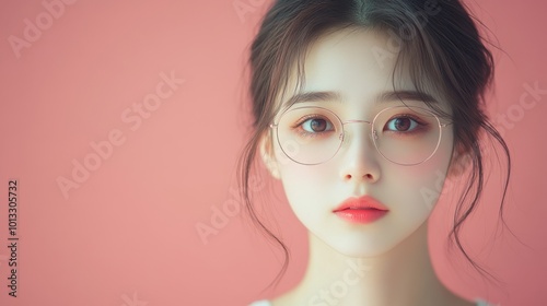 A portrait of a young woman with glasses against a soft pink background.