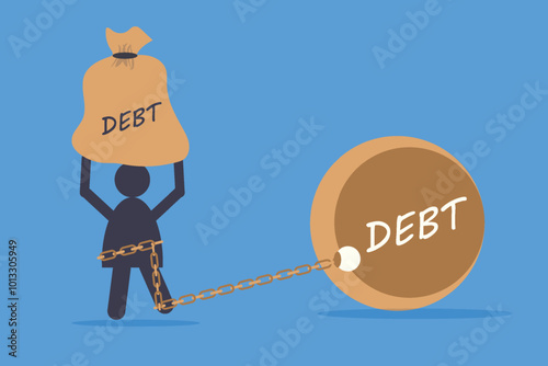 businessman stick to chain debt metal ball businessman carrying heavy loan in his head vector illustration concept