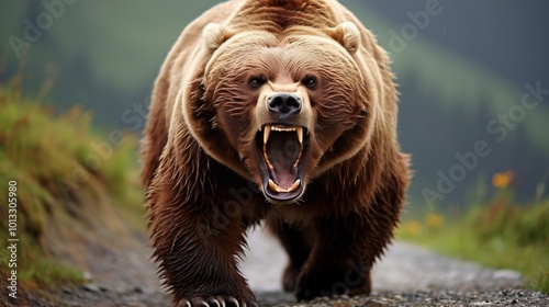 A brown bear roars ferociously at the camera, capturing the wild s untamed spirit photo