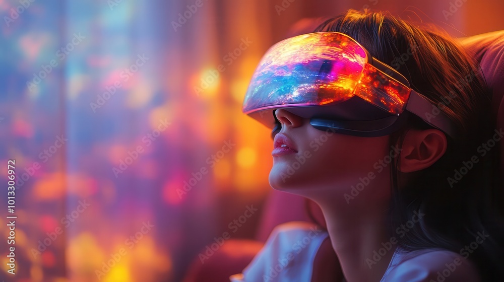 young girl on a plush couch donning vr glasses immersed in a vibrant virtual world filled with swirling colors and fantastical landscapes her face illuminated by joy and excitement young girl on a plush couch donning vr glasses immersed in a vibrant virtual world filled with swirling colors and fantastical landscapes her face illuminated by joy and excitement