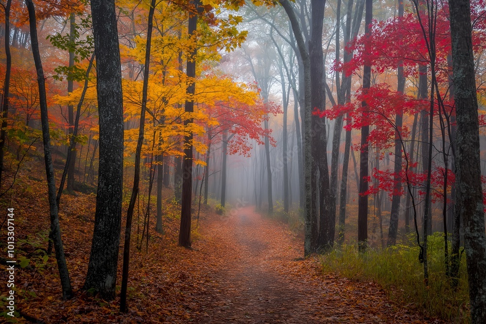 Obraz premium Autumn landscape of a forest with towering trees in shades of red, orange, and yellow. Fallen leaves cover the forest floor, and a narrow path winds through the trees.