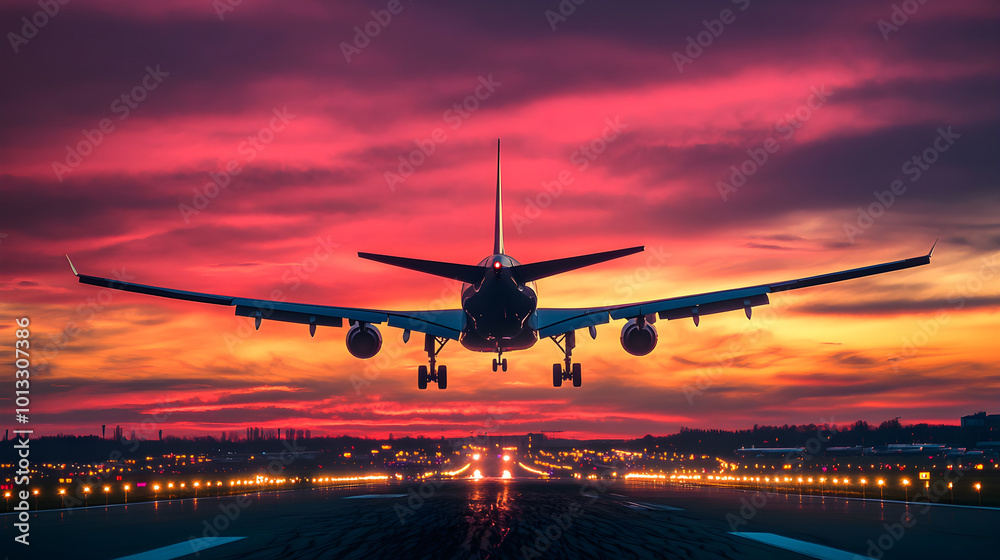 silhouette of airplane taking off at sunset, creating dramatic scene silhouette of airplane taking off at sunset, creating dramatic scene