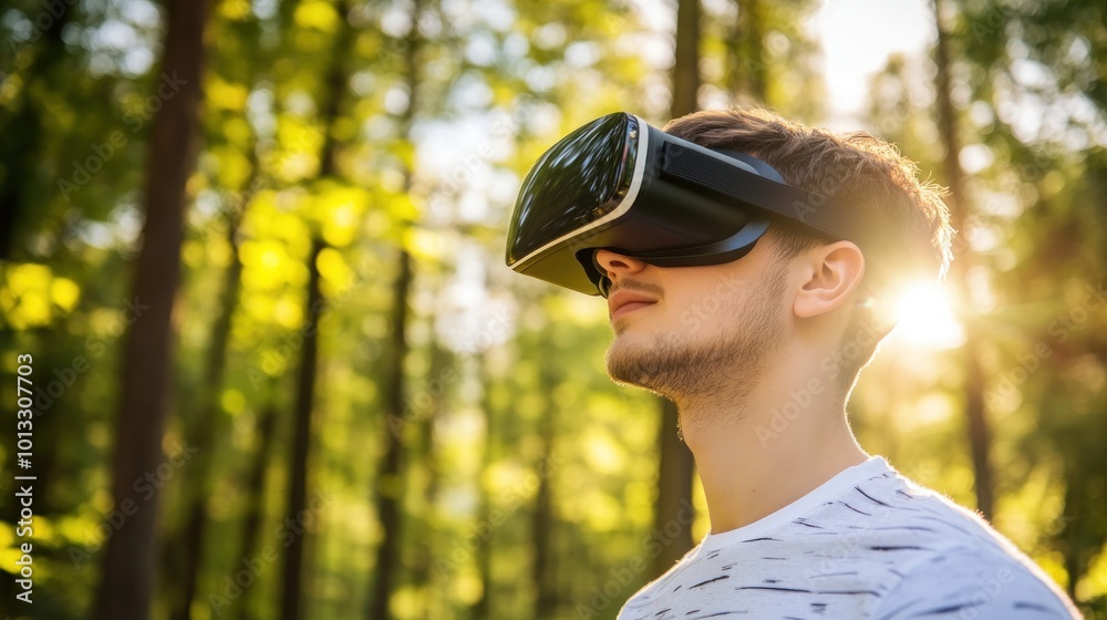 Young Man Experiencing VR in a Forest Young Man Experiencing VR in a Forest