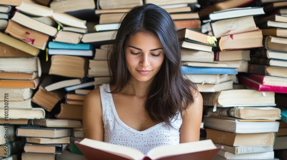 Woman Reading in a Pile of Books Woman Reading in a Pile of Books