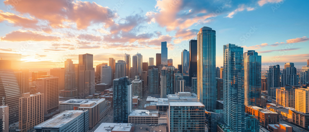 Fototapeta premium Aerial View of City Skyline with Skyscrapers and Buildings