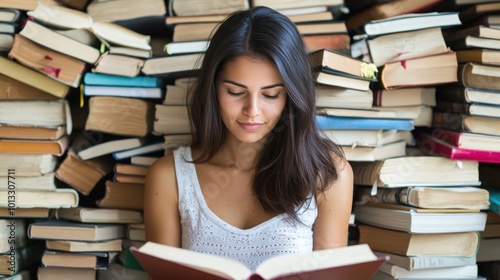 Woman Reading in a Pile of Books