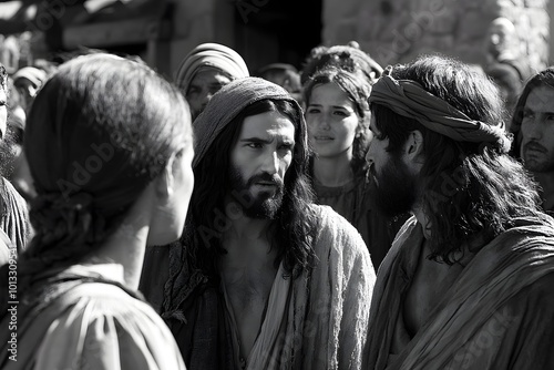 Christianity. Jesus saves a woman caught in adultery from being stoned, teaching about mercy. (John 7:53-8:11) photo