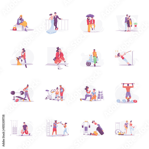 Set of Flat Style Fashion And Fitness Training Illustrations 

