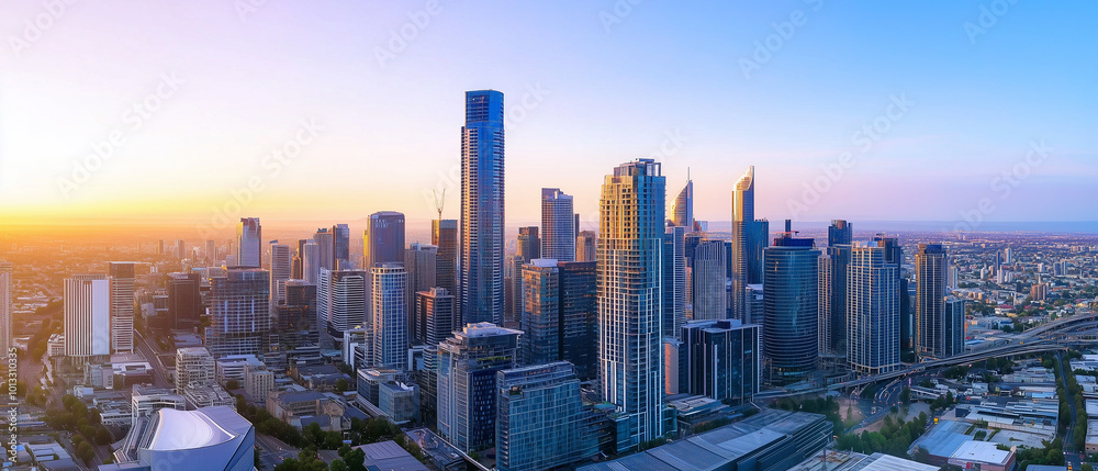 Fototapeta premium Aerial View of City Skyline with Skyscrapers and Buildings