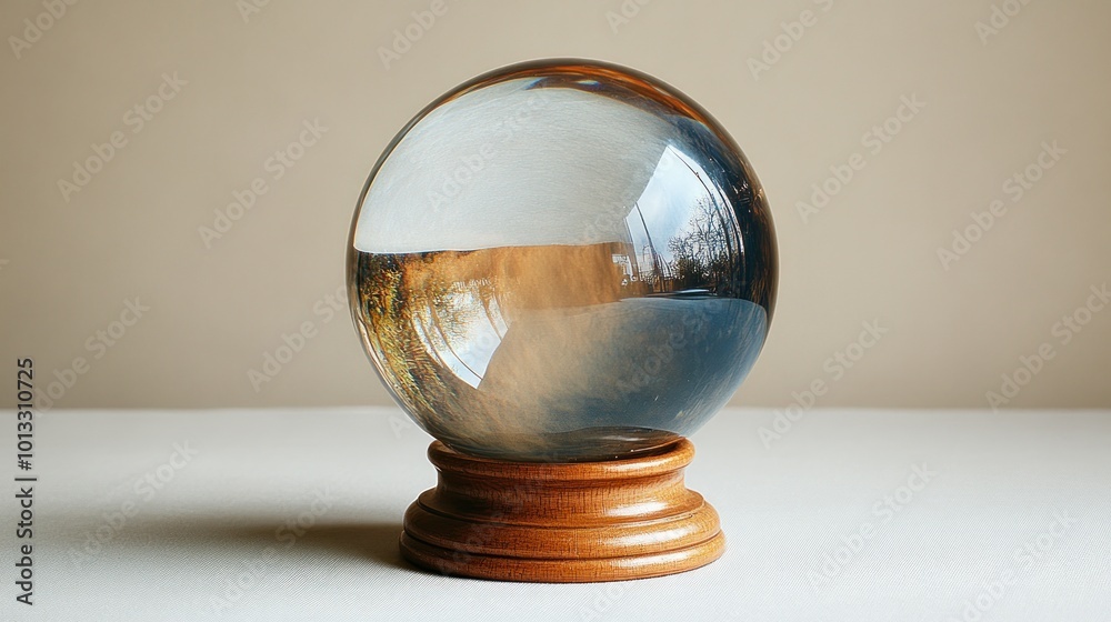 A crystal ball resting on a wooden base, reflecting surroundings. A crystal ball resting on a wooden base, reflecting surroundings.
