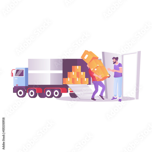 Truck unloading illustration in flat style 