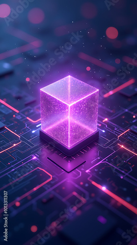 Abstract Technology Concept Featuring an Advanced Digital Purple Cube, Radiating Light and Energy, Representing Innovation and Modernity in a Futuristic Setting