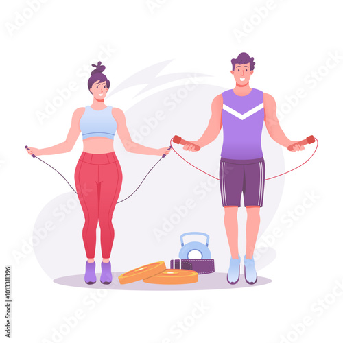 A couple rope skipping illustration in flat style 
