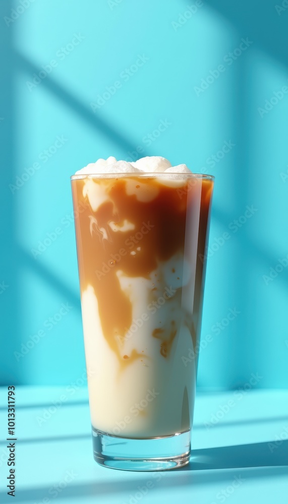 Refreshing iced coffee with cream, beautifully layered, set against a vibrant turquoise backdrop, perfect for beverage marketing and lifestyle imagery. Refreshing iced coffee with cream, beautifully layered, set against a vibrant turquoise backdrop, perfect for beverage marketing and lifestyle imagery.