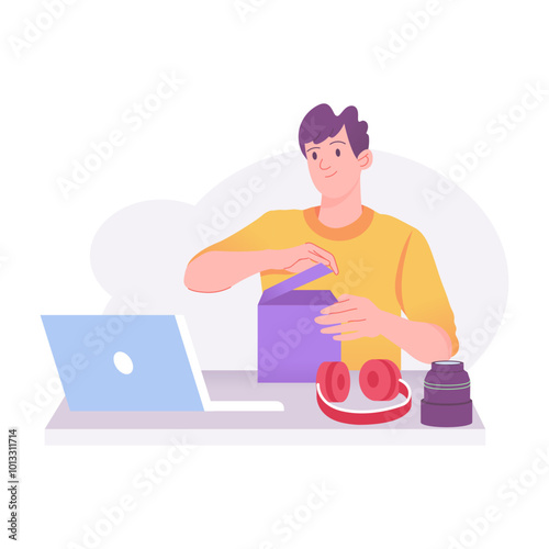 A man unboxing a parcel, a flat style illustration 