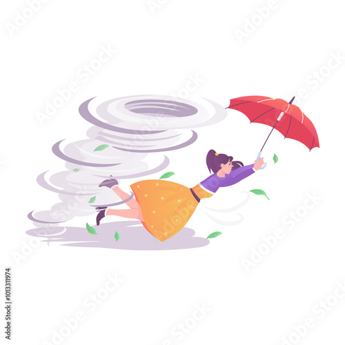 An umbrella flying in strong wind, a flat style illustration 